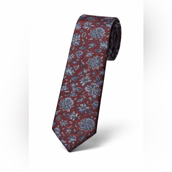 NEW! Roundtree & Yorke Men's Floral Tie - Burgundy and Blue - Picture 2 of 5